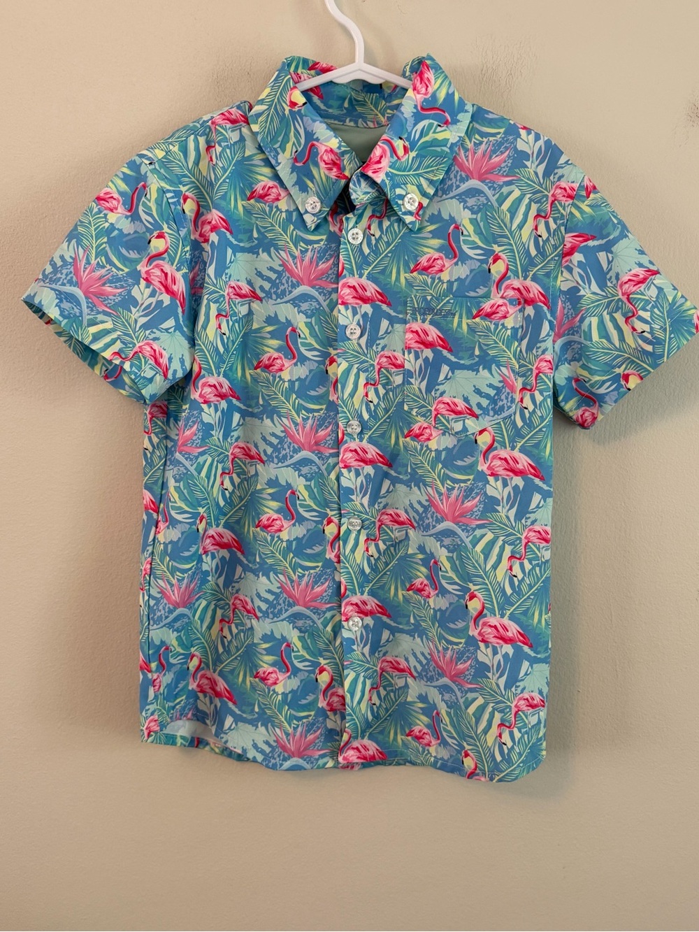 Properly Tied Blue Tropical Flamingo Print Short-Sleeve Shirt